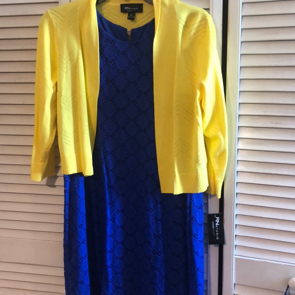 Yellow cardigan & Midnight blue dress